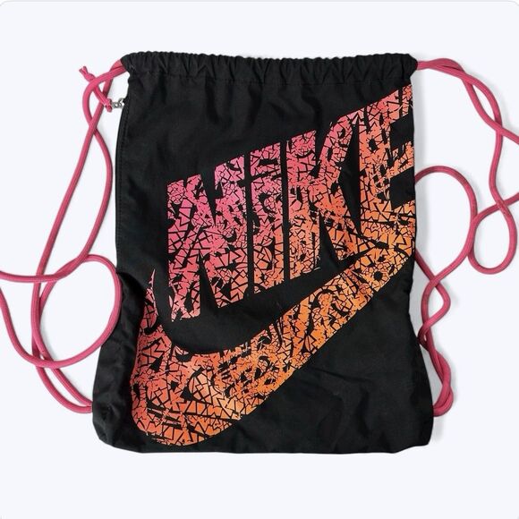 Nike Swoosh Cinch Pack Drawstring Bag Zipper Pocket Hot Pink Orange Sports Gym - Picture 1 of 13